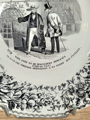 assiettes parlantes à dessert en faïence blanche et motifs gris/noirs de la manufacture de Creil et Montereau.