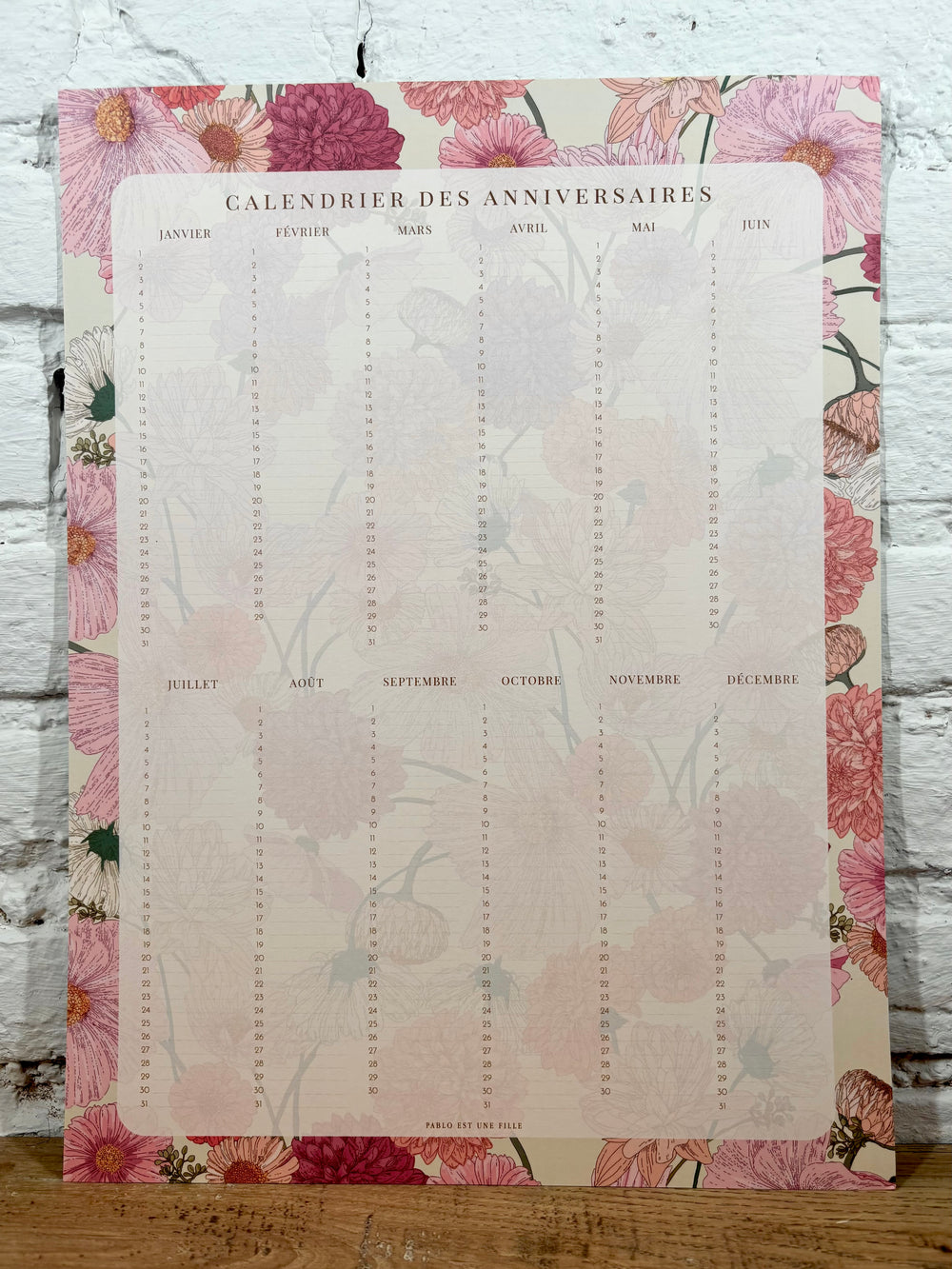 Calendrier anniversaires Temps des fleurs Pablo est une fille (30 x 40 cm)